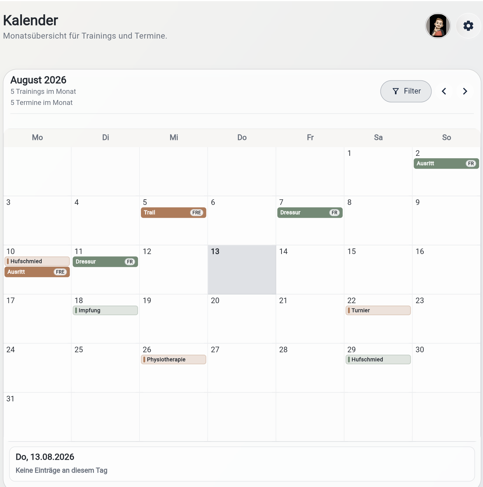 MyHorse-Pferdekalender mit Trainingseinheiten und Terminen für mehrere Pferde