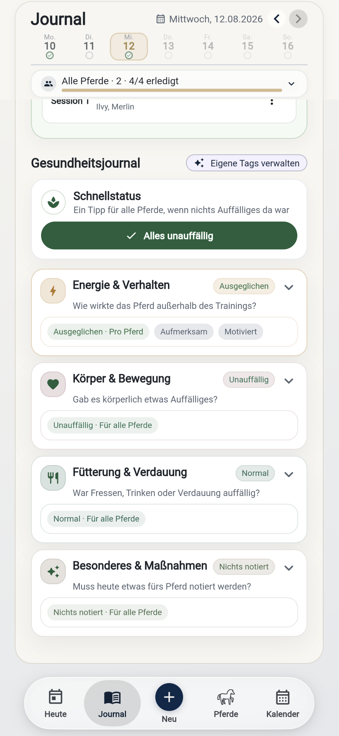 MyHorse-Tagescheck für Beobachtungen zu Energie, Bewegung, Fütterung und Besonderheiten beim Pferd
