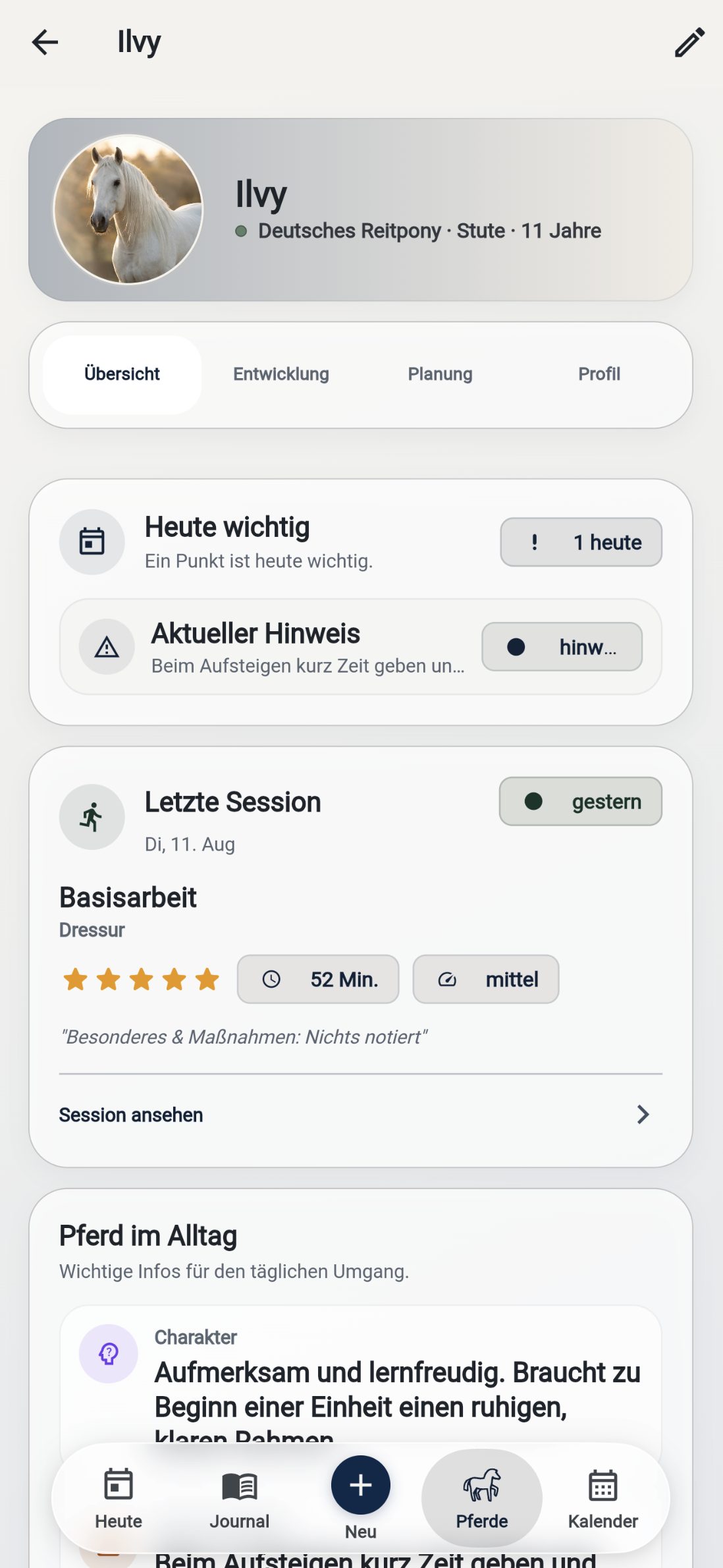 MyHorse-Pferdeverwaltung mit Pferdeprofil, Alltagshinweis und letzter Trainingseinheit