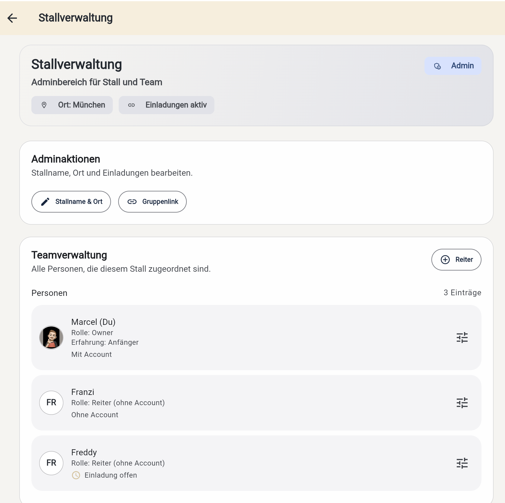 MyHorse-Stallverwaltung mit Teammitgliedern, Rollen und Einladungsstatus