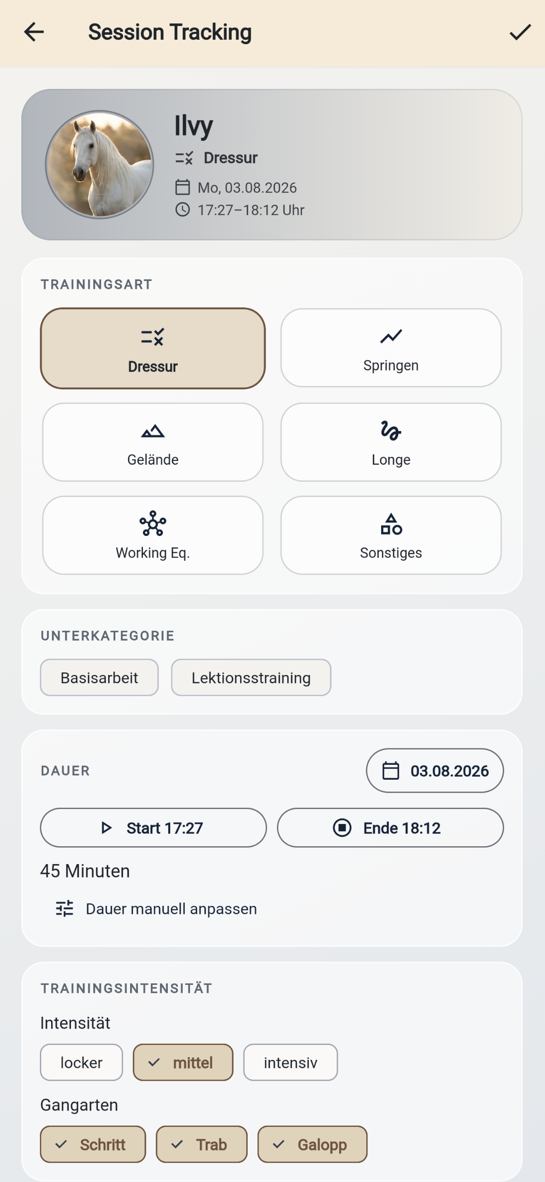 MyHorse-Trainingstagebuch mit Trainingsart, Dauer und Intensität für ein Pferd
