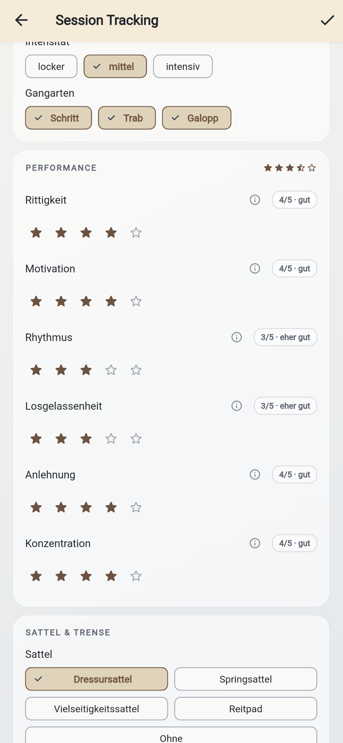 Eigene Bewertung einer Trainingseinheit in MyHorse nach Rittigkeit, Motivation und weiteren Eindrücken
